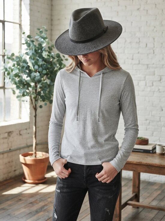 Tops - Heather Grey Lightweight Long Sleeve Hooded Tee / Thin Hoodie